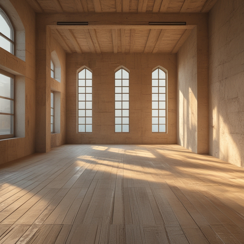 Leerer, hell beleuchteter Raum mit hohen Fenstern und Holzboden, der Licht und Weite symbolisiert, warmes Nachmittagslicht fällt diagonal durch die Fenster und wirft lange Schatten auf den polierten Boden
