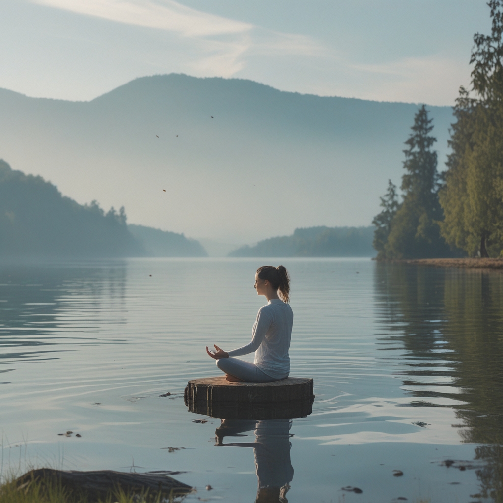 Person in einer ruhigen, langsamen Yoga-Position im Freien auf einem Holzsteg am Wasser, Morgennebel über dem See, weiches diffuses Licht, Spiegelung im Wasser sichtbar, stille atmosphärische Szene