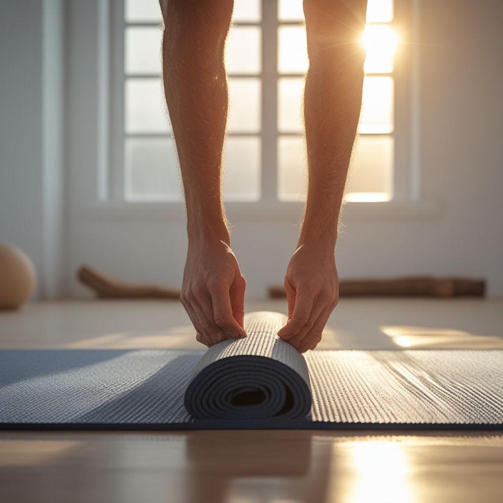 Nahaufnahme von Händen, die eine Yogamatte aufrollen in einem hellen minimalistischen Studio mit weißen Wänden und Holzböden, warmes Morgenlicht fällt durch ein großes Fenster