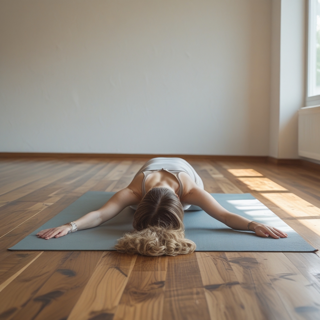 Person in einer tiefen sitzenden Vorwärtsbeuge auf einer Yogamatte in einem minimalistischen Raum mit warmem Holzboden, die Arme ausgestreckt und der Rücken sanft gerundet