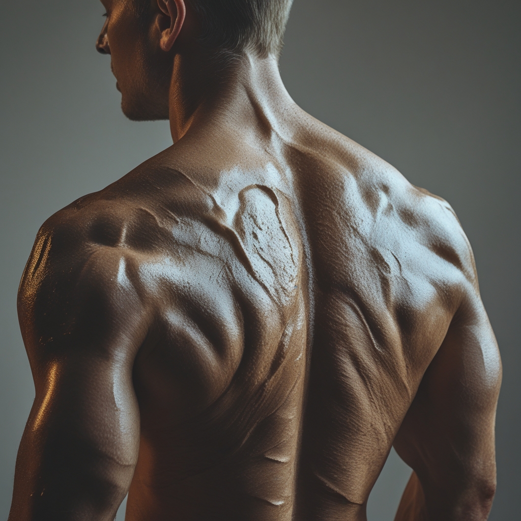 Abstrakte Nahaufnahme menschlicher Schulter- und Rückenmuskulatur in starkem seitlichem Licht, tiefe Schatten und hervorgehobene Muskelkonturen auf neutralem dunklen Hintergrund, künstlerische Studie der menschlichen Form