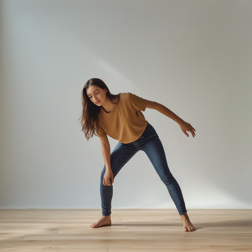 Person in einer tiefen Ausfallschrittposition in einem geräumigen Studio mit natürlichem Seitenlicht, wobei die Körperlinie eine lange diagonale Linie von der hinteren Zehenspitze bis zu den ausgestreckten Armen bildet
